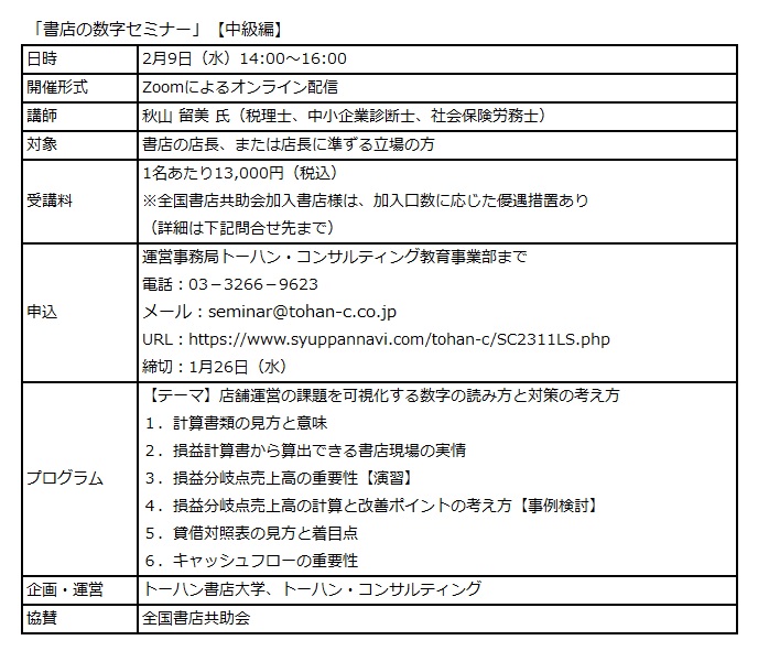 トーハン書店大学の新コース「書店の数字セミナー」【中級編】オンラインで2月開催